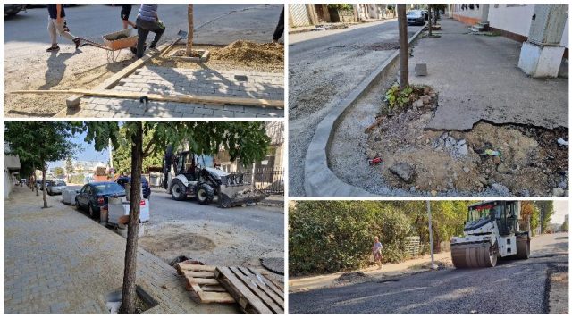 În paralel cu asfaltarea străzii, se lucrează la pavarea trotuarelor pe Vasile Pârvan