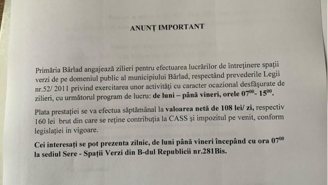 Angajări la Sere-Spații verzi Bârlad
