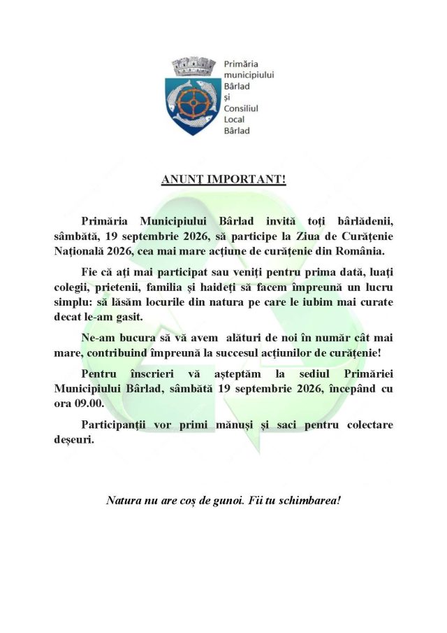 INVITAȚIE DESCHISĂ LA ZIUA CURĂȚENIEI NAȚIONALE!
